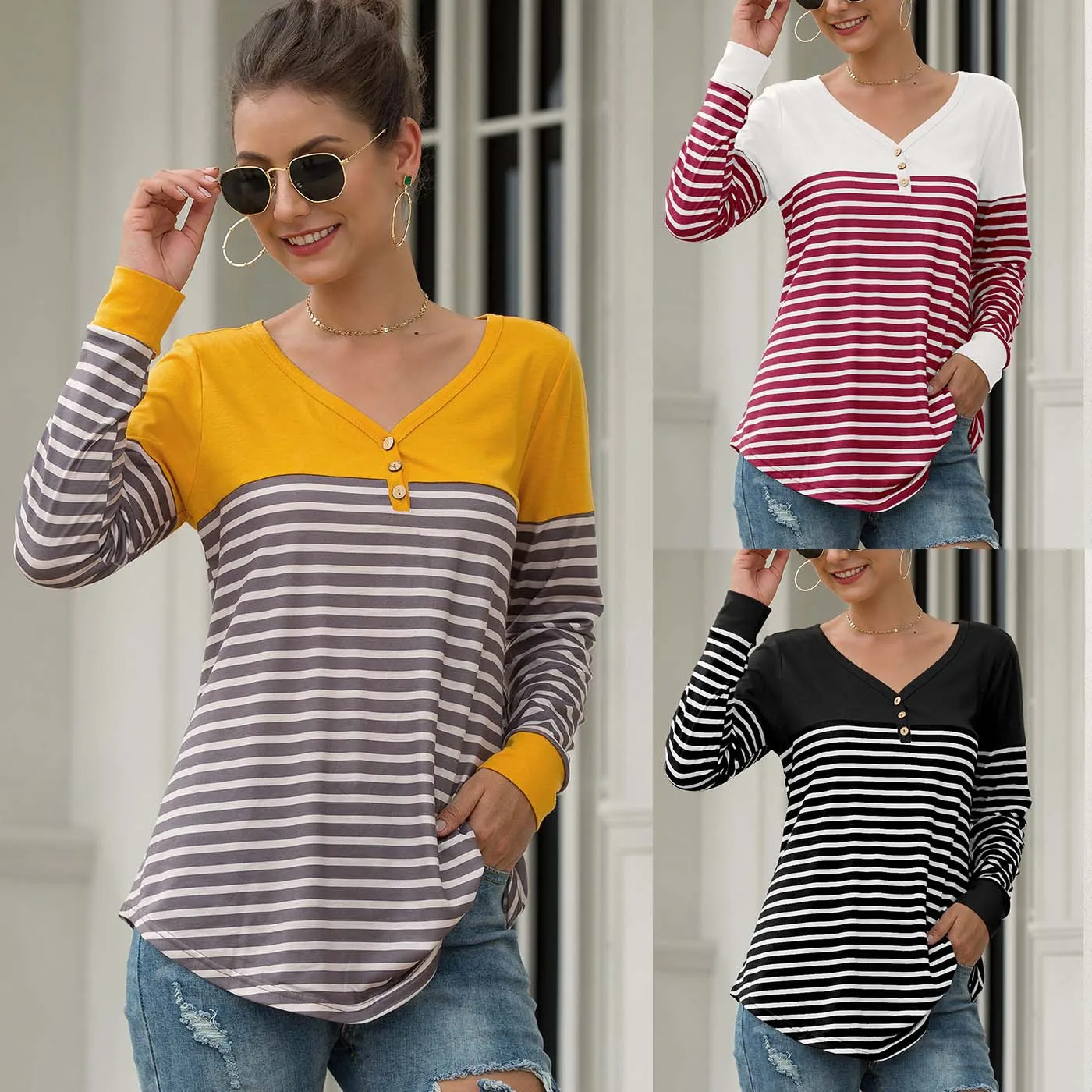 Осенние футболки женские в полоску с v образным вырезом и длинным рукавом