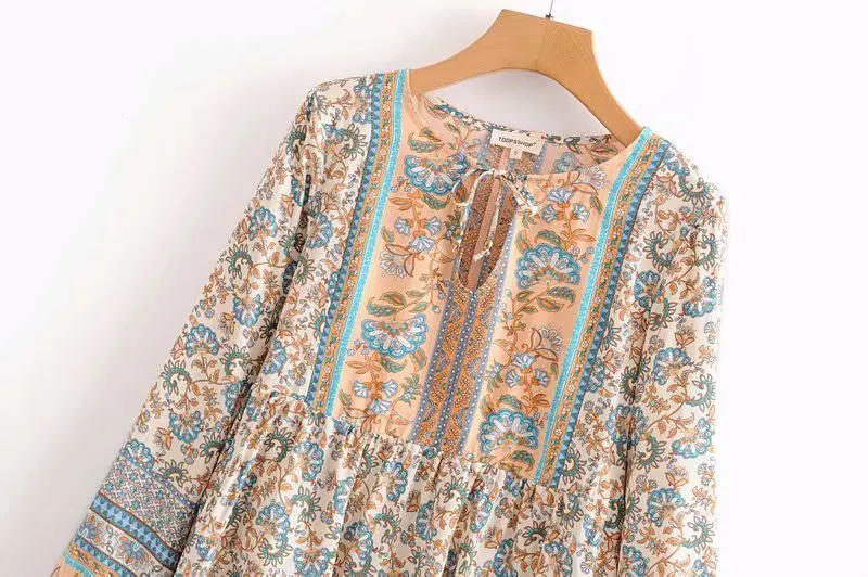 Boho Chic Женские топы, винтажные свободные блузки с цветочным принтом, женские пляжные рубашки с круглым вырезом и длинным рукавом, Blusas Mujer