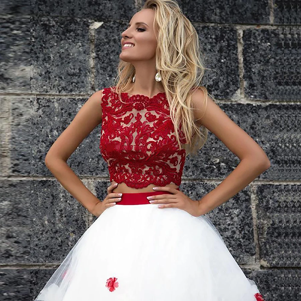 

New Fashion 2020 Ball Gown Handmade Flowers Prom Dresses Custom made Two Pieces Lace Applique suknia na bal Party Gown