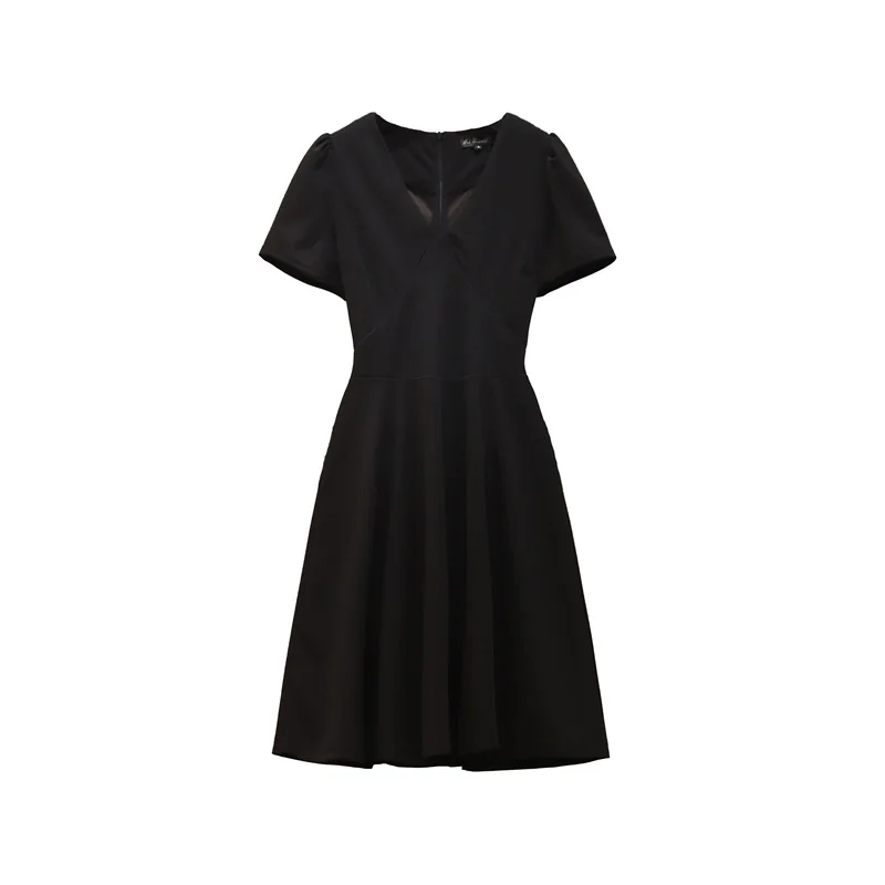 

Summer Women's Korean Style Plus Size Solid Black Knee-length Dress V Neck Short Sleeve Vintage High Waist Dresses Lady D14302X