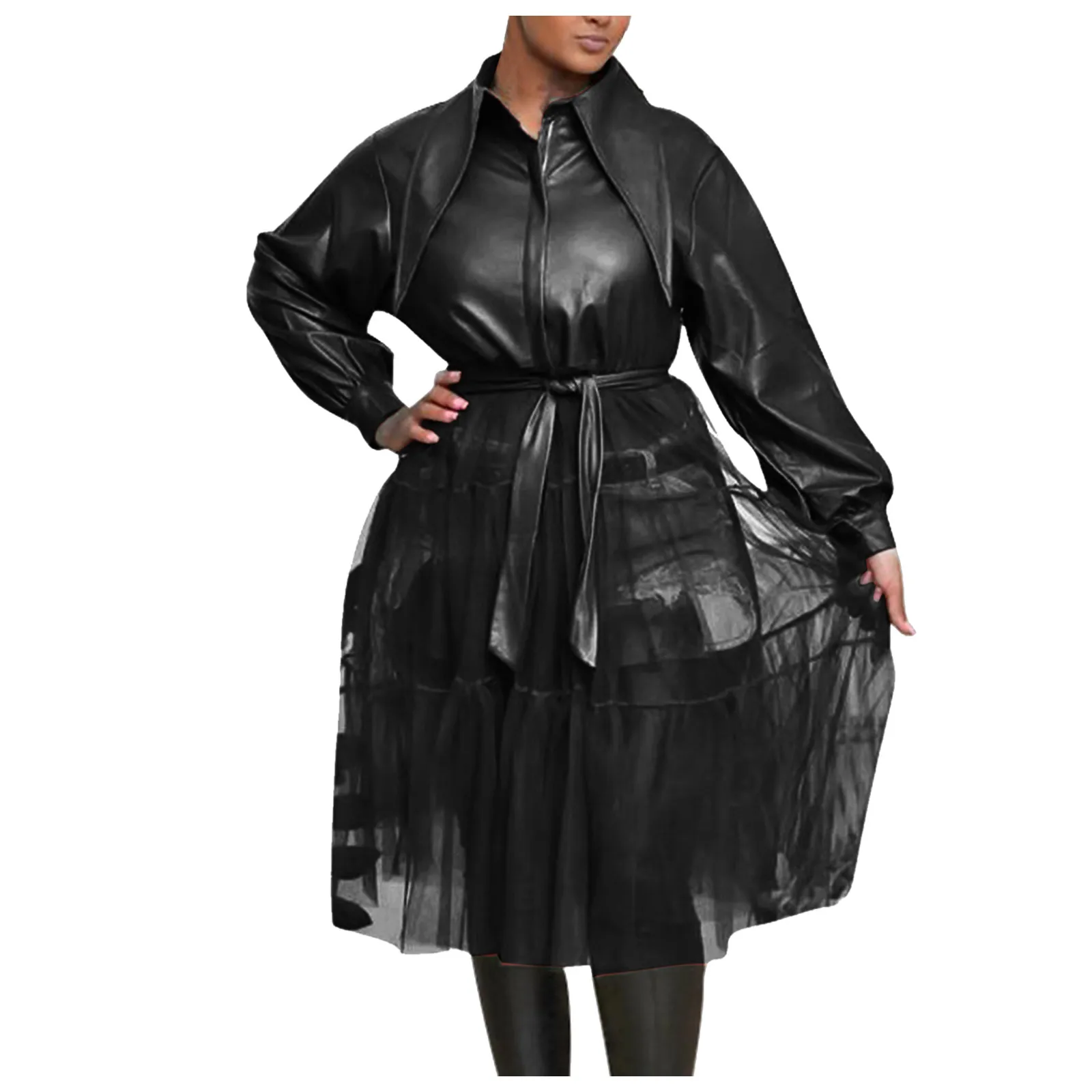 

Trendyland Women V-neck Solid Color Button Leather Long Sleeve Dress Vintage Gothic Lapel PU Leather Tulle Dresses With Belt
