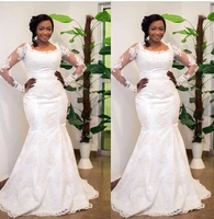 african plus size wedding dresses 2021 sheer long sleeves mermaid lace 3d floral appliques vestido de noiva bridal dress gown