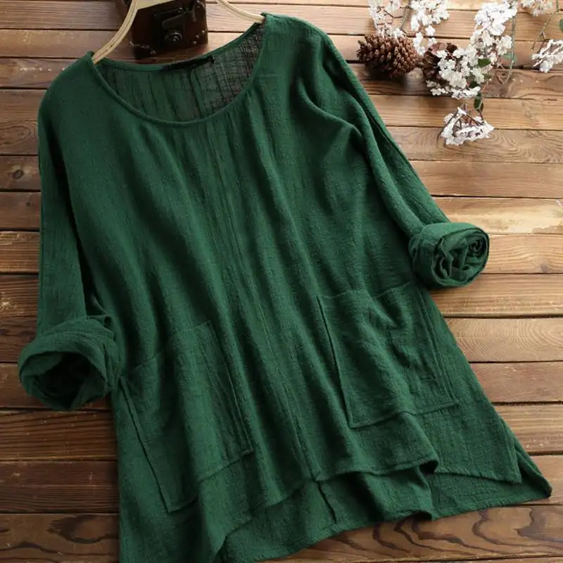Mferlier Autumn New Womens Blouses O Neck Long Sleeve Pockets Irregular Hem Ladies 6XL 7XL 8XL Plus Large Size Red Casual Tops |