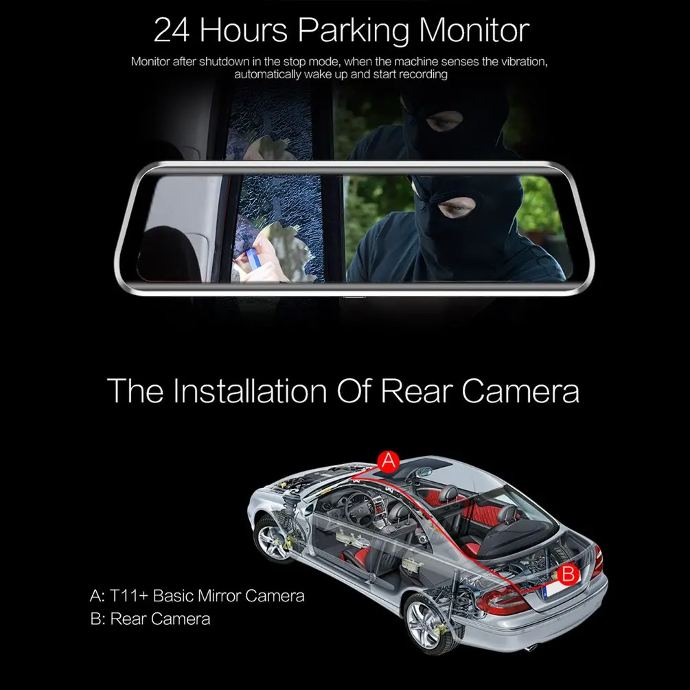 T11 ADAS Dash Cam 9.66 Inch IPS Touch WDR Car Rearview Mirror DVR Camera 1080p 720p Dual Lens Driving Video Recorder