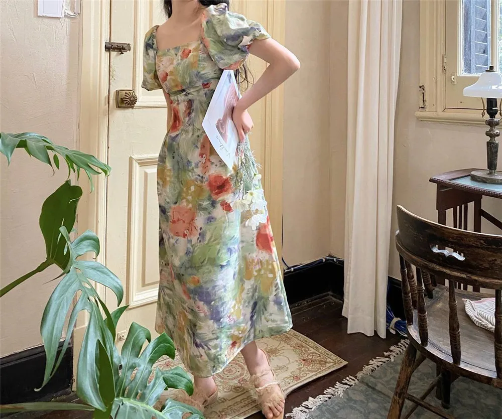 

Women Dress Vintage Beach Holiday Puff Sleeve Dresses Elegant E Clothing