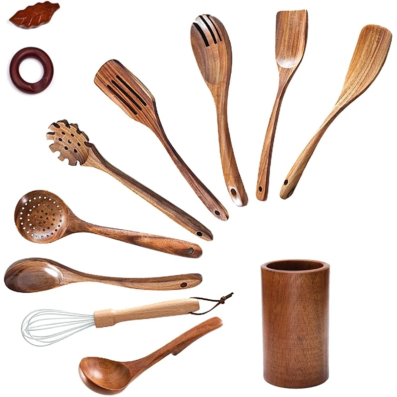 

Деревянные ложки для приготовления пищи, набор деревянной посуды с деревянным держателем, антипригарная сковорода, кухонный инструмент, де...