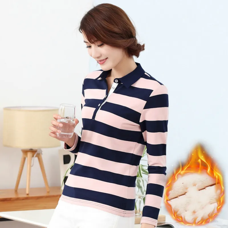 Ruoru зимняя полосатая плотная рубашка поло женская хлопковая модная тонкая с