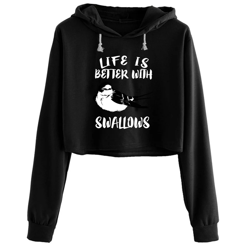

Life Is Better With Swallows Bird Animal Crop Hoodies Women Aesthetic Kpop Korean Y2k Pullover For Girls