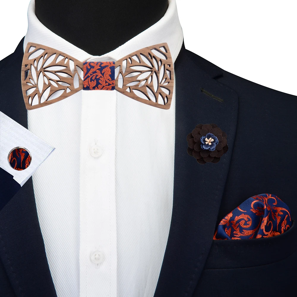 Цветочный полый деревянный галстук бабочка для мужчин Шелковый Карманный