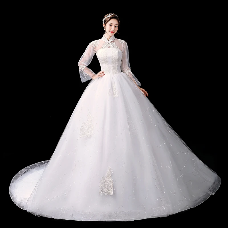 

Train Wedding Dress Half Sleeve Tailed Plus Size Lace Up Wedding Dresses Tailing Luxury Vestidos De Novia Bridal Ball Gowns New