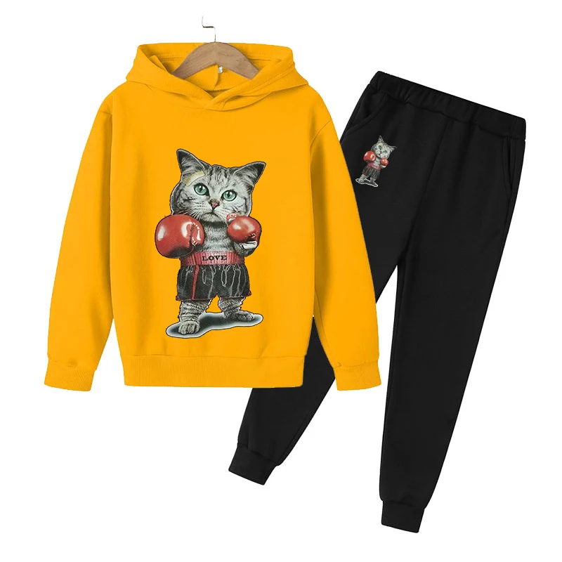 

New Spring And Autumn Boxing Cartoon Cat Children's Suit Girls Boys Casual Sports Hoodie Suit Sweater + Pants 4-14 Years Old