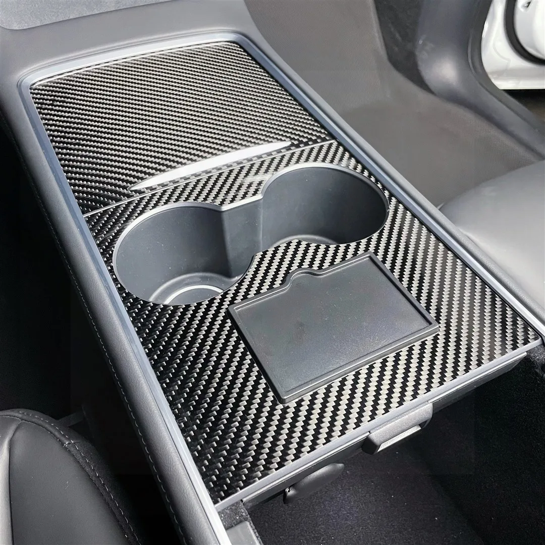 

0.1mm High hardness real carbon fibre for Tesla Model Y 2021 Water cup holder decorate protect cover Center Console Model 3 2021
