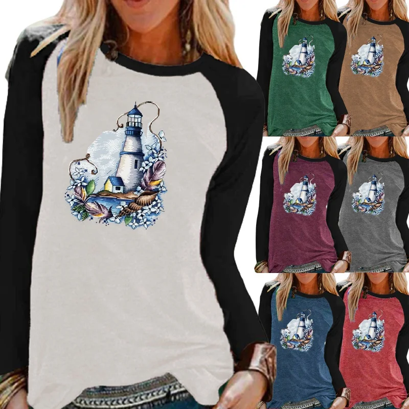 

Fashion Women Autumn and Winter Printing Graphic Tee Raglan Long Sleeve Elegent Round Neck Loose Casual Shirt XS-5XL