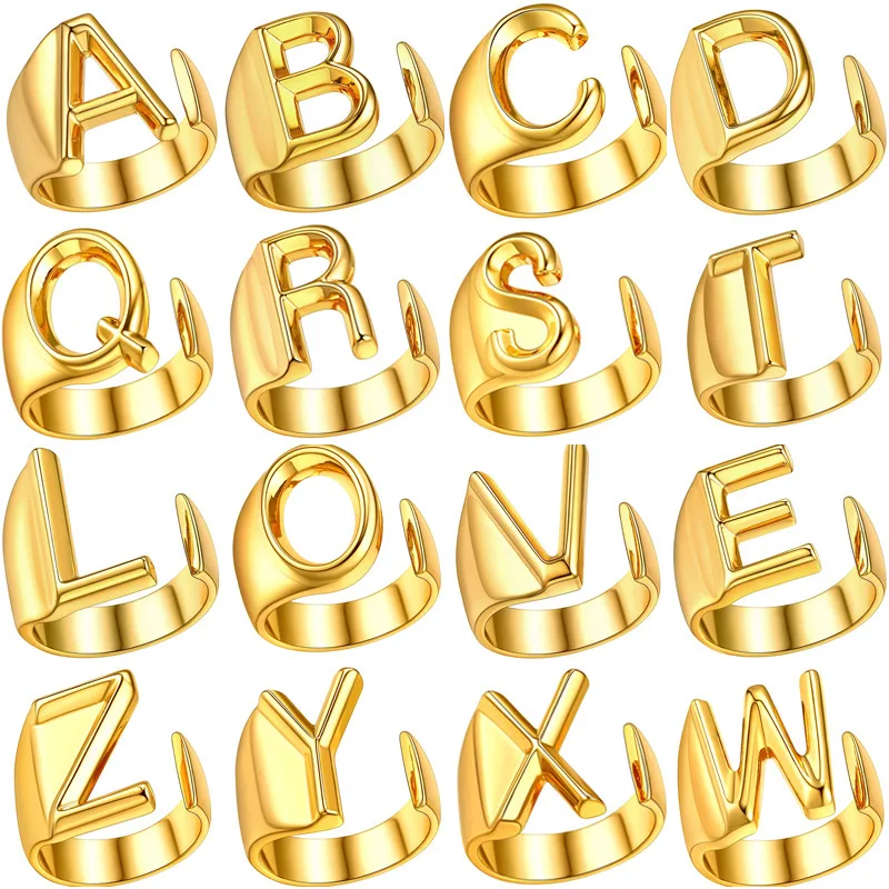 

Customizable Gold Bold Initial Letter Open Ring Adjustable Statement Rings Party 18K Gold Plated Alphabet Women’s Signet Rings