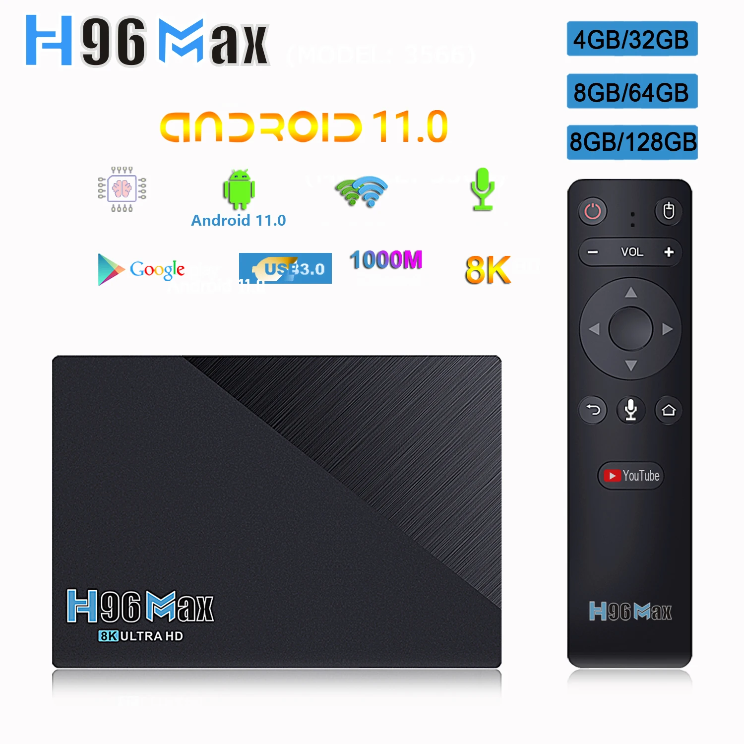 

ТВ-приставка H96 Max на Android 11, приставка для Smart TV с поддержкой RK3566, 2,4G, 5G Wi-Fi, BT 4,0, 4 Гб, 32 ГБ, 8 ГБ, 64 ГБ, 8K, Google Play, Android 11,0