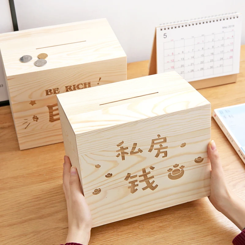 Creative Wooden Money Box Large Fashion Savings Tank Deposit Metal Coin Wallet Hucha Cuentamonedas Euros Boxes Wood NN50PB | Дом и сад
