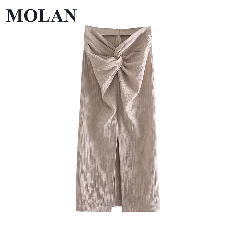 

MOLAN Women Fashion Skirt Solid Knotted Design Split Sarong Pleated Faldas Mujer Female New Back Zipper Summer Midi Vestidos