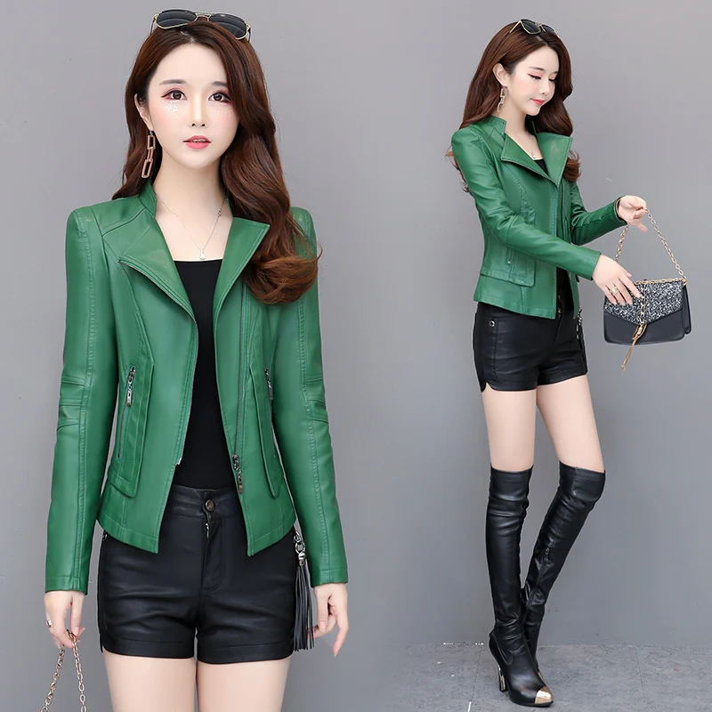 Spring coat ladies Pu leather jacket short autumn zipper coat locomotive leather small suit faux leather slim black green ladies pu leather jacket locomotive ladies zipper belt short jacket female black punk bomber faux leather outerwear