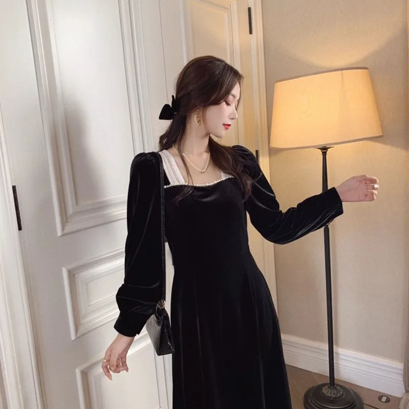 Зимнее французское Ретро винтажное длинное черное платье размера плюс с