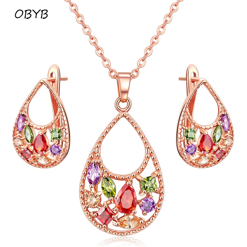 

Colorful Crystal CZ Necklace Earrings Sets High Quality Cubic Zircon Water Drop Small Pendant Hoop Earrings Wedding Jewelry Sets