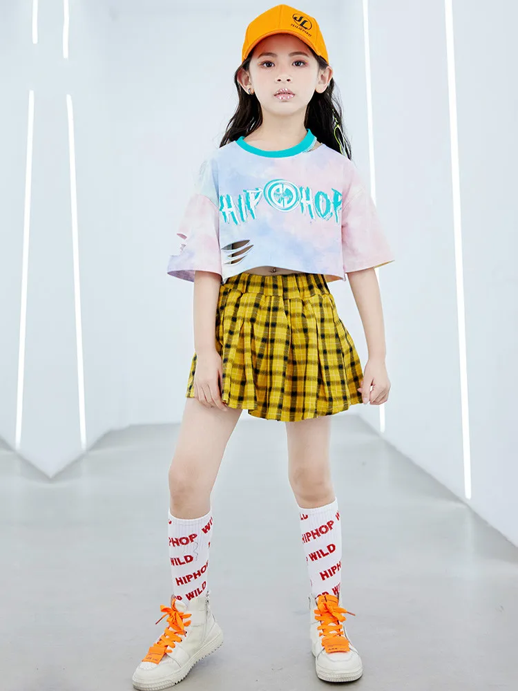 Костюм для девочек в стиле хип-хоп белая футболка с коротким рукавом и желтая