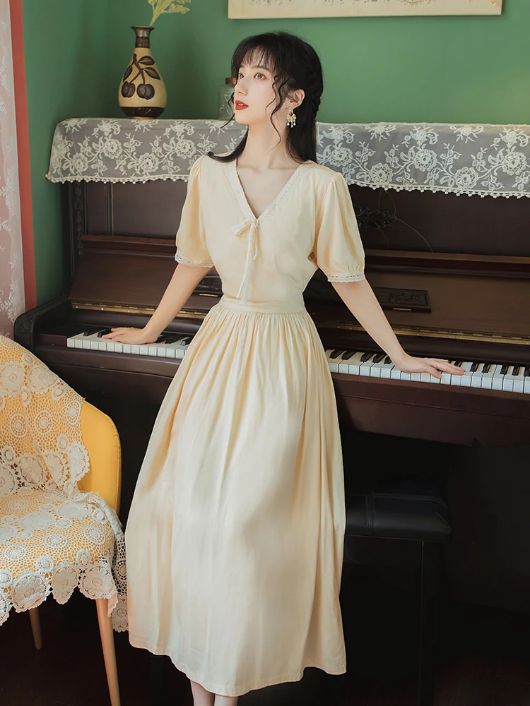 

Literary restoring ancient ways of tall waist v-neck show thin dress