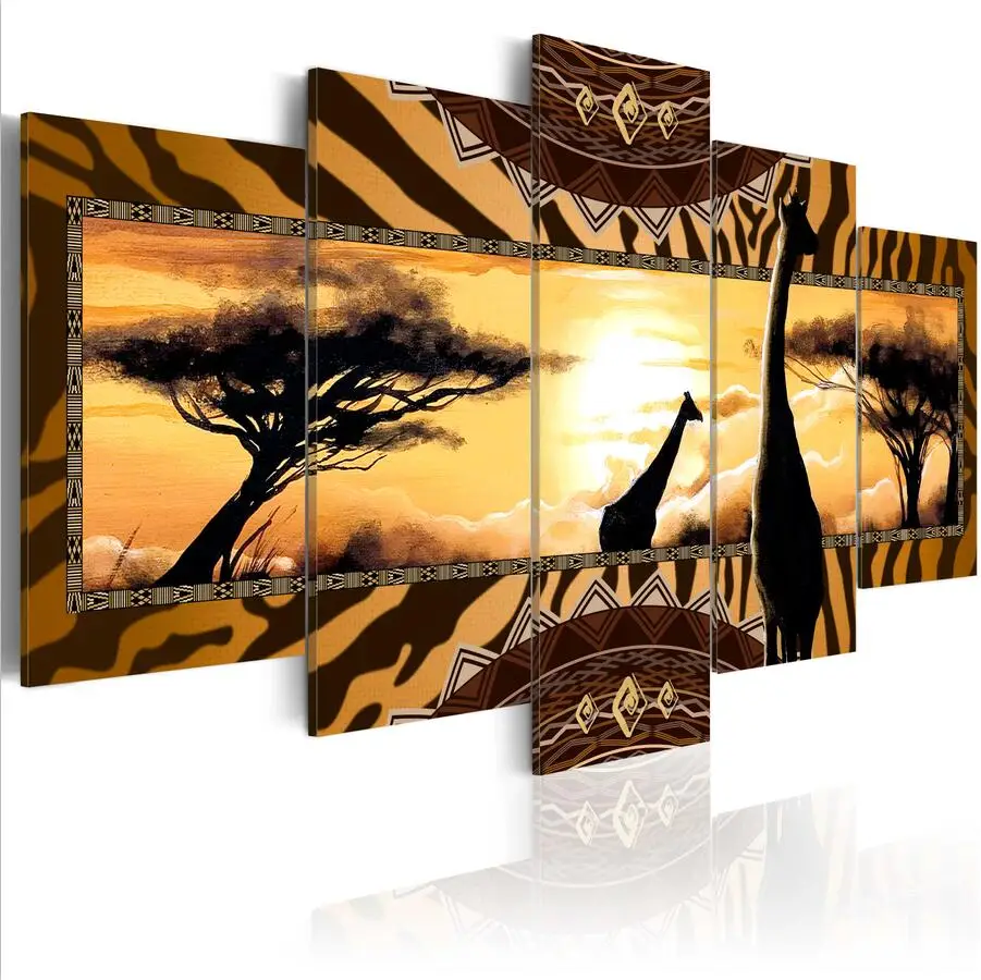 

Hot Sell( No Frame )5 Pieces Canvas Print Modern Fashion Wall Art the African Animals Giraffes And Elephant for Home Decoration