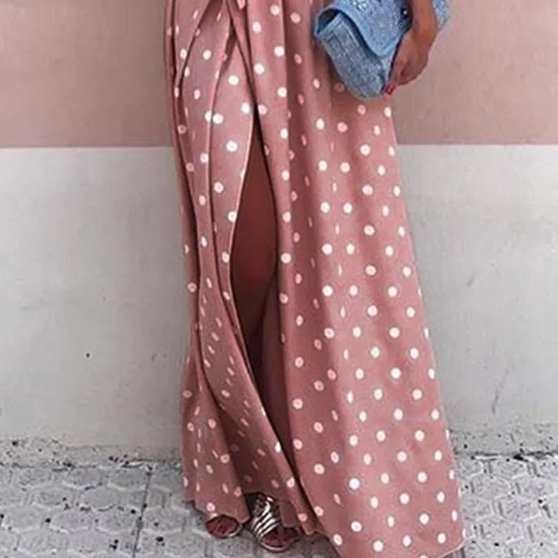 2019 летние Для женщин розового цвета с узором в горошек Повседневное платье макси