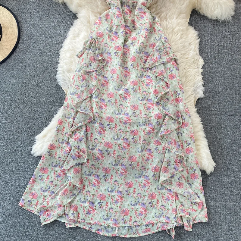 

Vintage Flying Sleeve Floral Dress Women Fashion 2021 Summer New Ruffle Boho Chiffon Dresses Ladies Elegant Midi Robe Vestidos