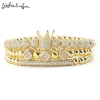 3pcsset luxury gold beads royal king crown dice charm cz ball men bracelet mens fashion bracelets bangles for men jewelry
