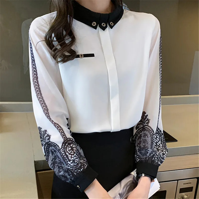 

Chikichi Lace Stitching Chiffon Shirt Women Long-sleeved 2021 Spring and Autumn New Korean Fashion Clothing Temperament Blouse