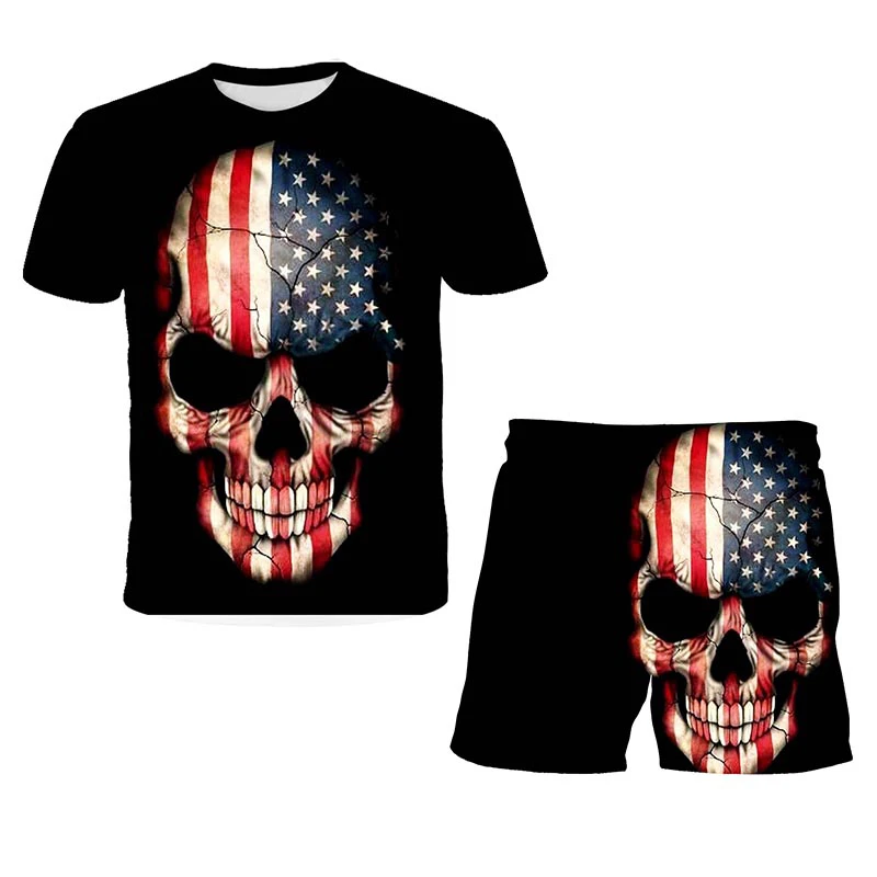 

2021 Summer new boys 3D skull t-shirt + Shorts Punisher hip hop Street short sleeve girl skull pattern set