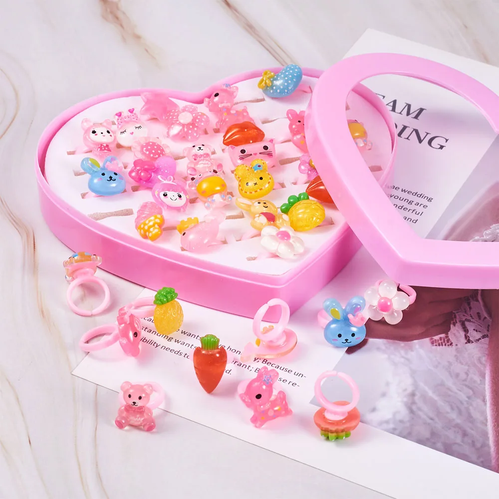 Симпатичные кольца для девочек 1 коробка ювелирные изделия детей пластмассовые