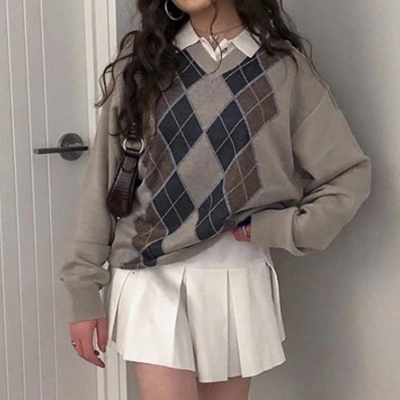 

Sweater Women Long Sleeve Top V Neck Knit Brown Plaid Sweater