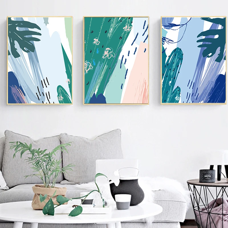 Акварель абстрактная голубое зеленое полотно искусство для гостиной прохода