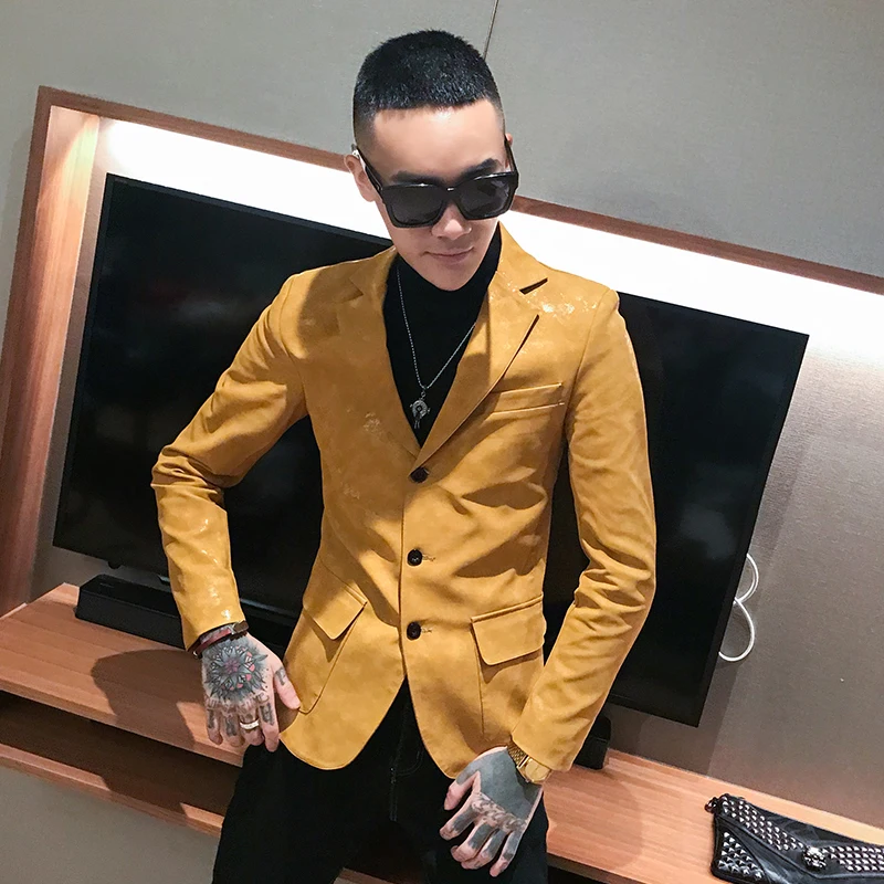 Осенний мужской красивый тонкий кожаный костюм Корейская версия сетчатой