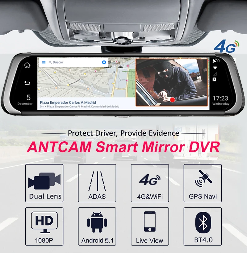Antcam 4G Android 10 &quotАвтомобильная зеркальная видеокамера gps навигация ADAS FHD 1080P два
