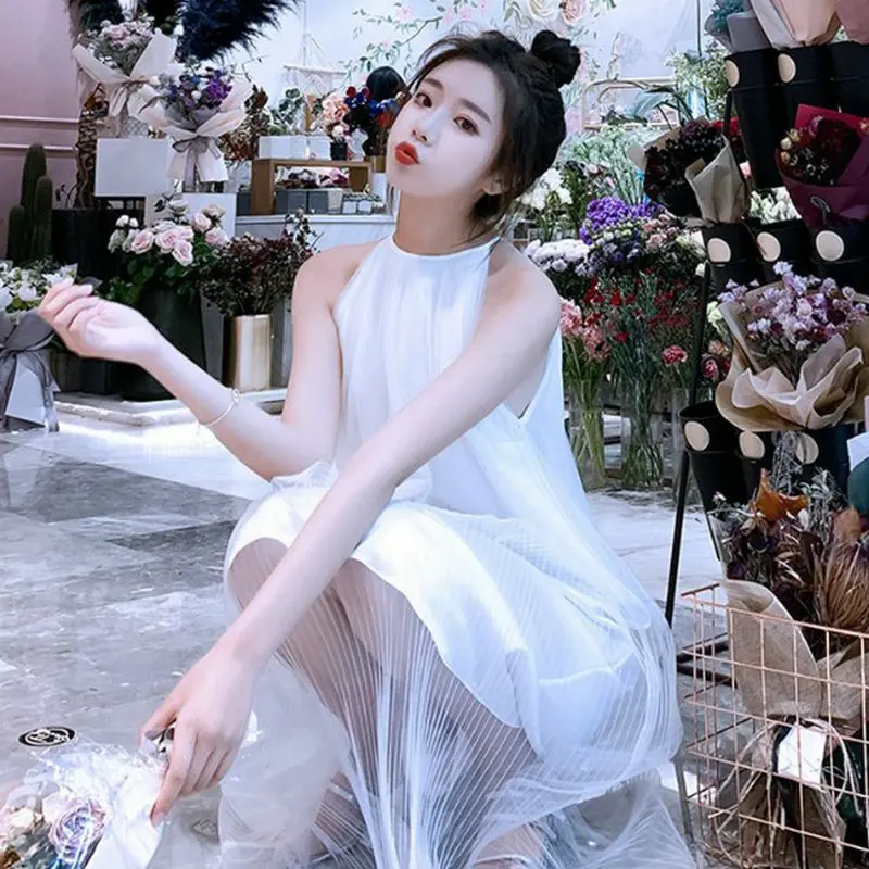 

White Casual Kawaii Chiffon Hanging Neck Maxi Summer Robe Longue Dresses For Women Girl 2021 Korean Fashion Fairy Vintage Dress