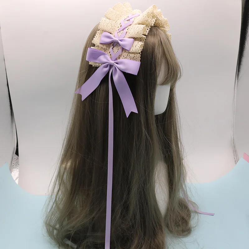 Beige And purple Мягкие японские игрушки волосы "Лолита" лента ручной работы заколка с кружевом боковая заколка Лолита Сладкий ежедневный ободок для волос Симпатичные Bowkont аксессуары для волос - Цвет: Beige And purple