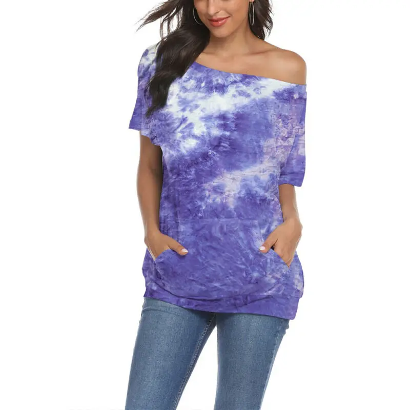 

Womens Casual Off of Shoulder Tie dye Tops Ladies Pocket Sexy Summer T-shirt UK