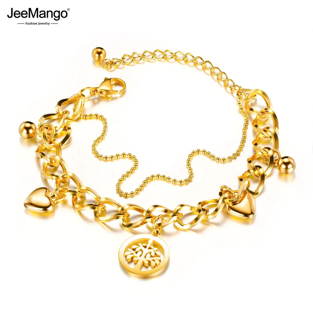 Браслет-цепочка JeeMango женский двухслойный из нержавеющей стали с подвесками в