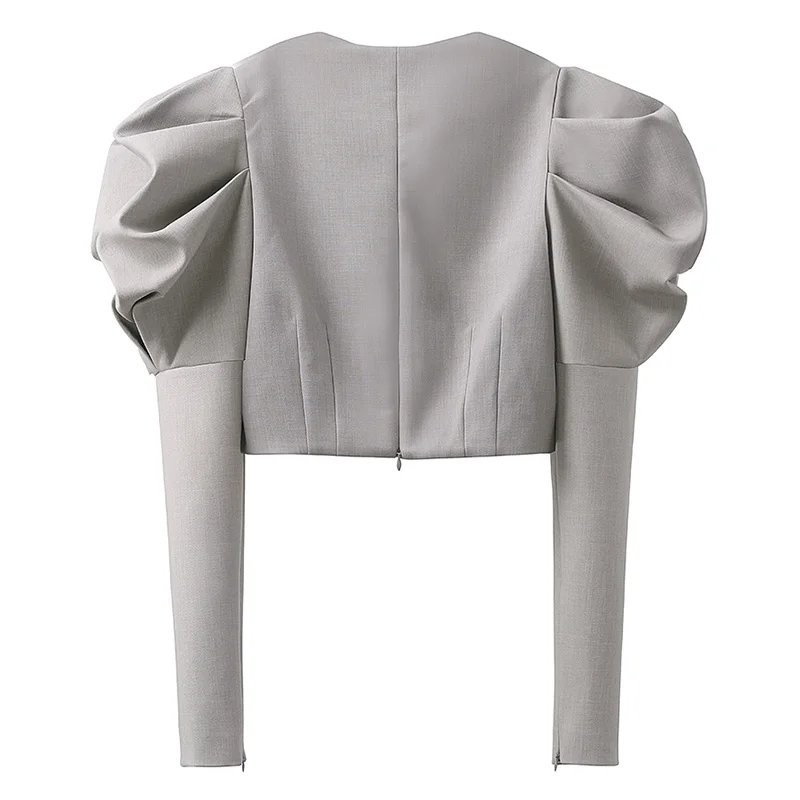 

[Aurance] Women Puff Sleeve Patchwork Coat Crop Tops Women High Waist Jackets Square Collar Short Ladies Jackets Spring 2021 New