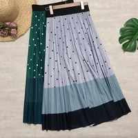 women cotton long skirts polka dots printing patchwork striped vintage midi skirts fashion high waist