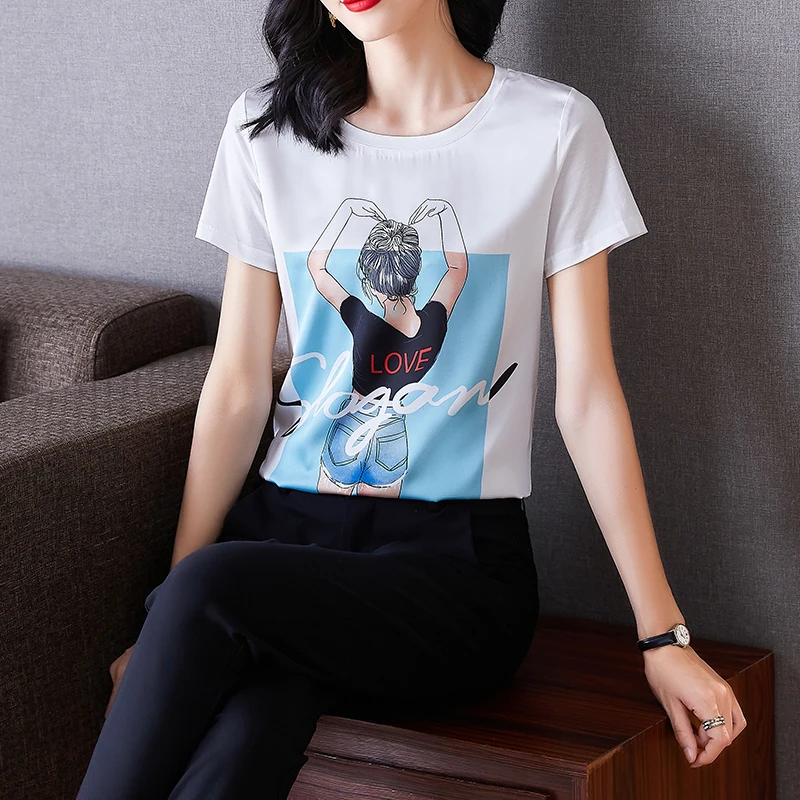 

Ice Silk Stretch Satin Printed T-shirt Woman Short Sleeve T-Shirts Summer 2021 New Loose Casual Character Printed Tops Female