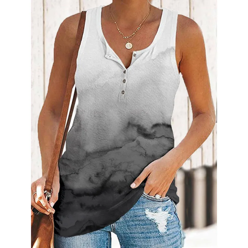 

Women Summer Tie Dye Gradient Printed V-neck Sleeveless Ladies Vest Top Loose Casual Street Plus Size Shirt for Women