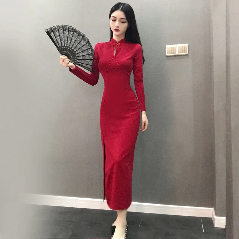 

Spring Sexy Socialite Long Sleeve Retro Waist-Controlled Improved Cheongsam Dress Sheath Long Slit Dress
