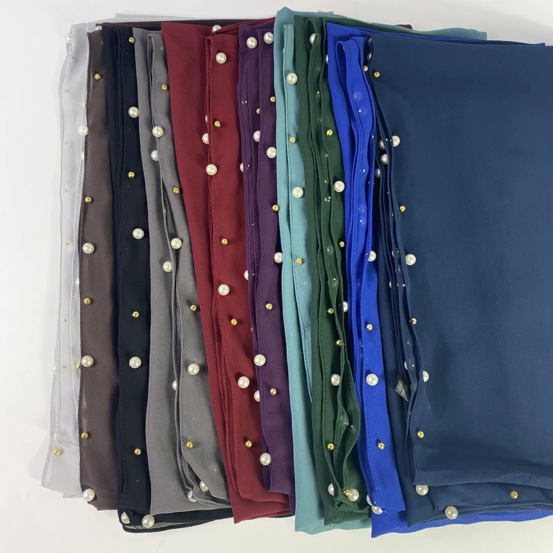 

70*175CM Women Fashion Inlaid Pearl Scarf Shawl Four Sides Custom Pearl Muslim Breathable Skin Chiffon Headscarf