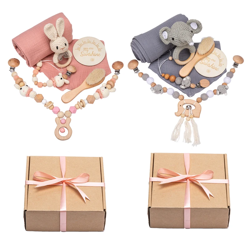 

7 pcs/set Baby Teether Set Cotton Bib Blanket Baby Milestones Brush Rattle Bracelet Newborn Bath Toy Set Infant Nursing Products