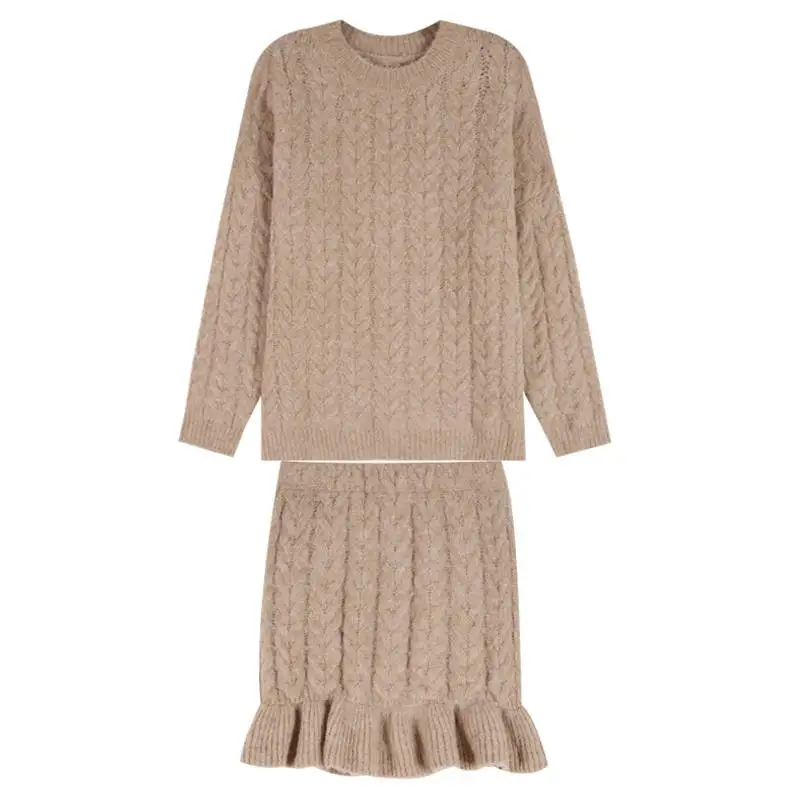

Casual Pullover Sweater +High Waist Mermaid Mini Skirt Suit Women 2020 Autumn Winter Knitted Two Pieces Sets Female Loose