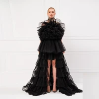 chic black puffy ruffle tulle dresses high low tiered fluffy tulle dressing women strapless party gown custom made evening dress